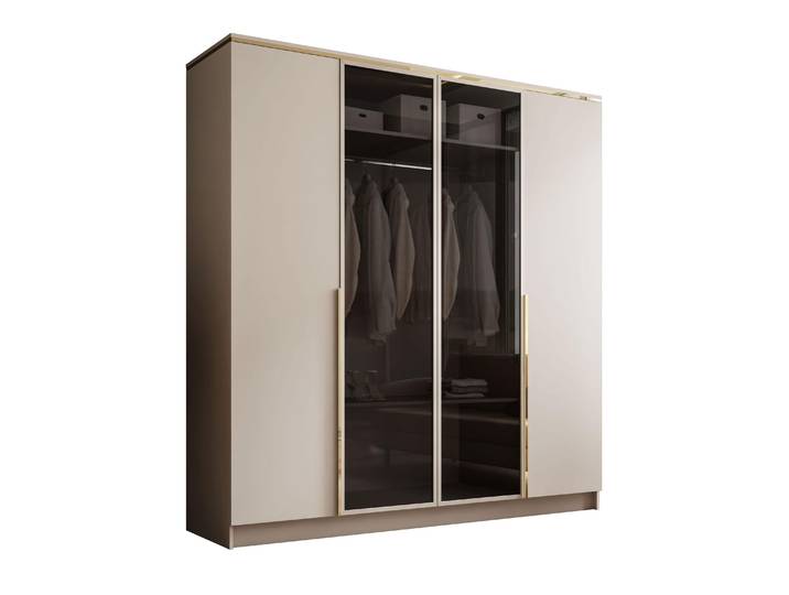 Viertüriger Schrank ATRIUM II mit Glasfront, Kaschmir / Kaschmir Mat, Gold Chrom Griffe