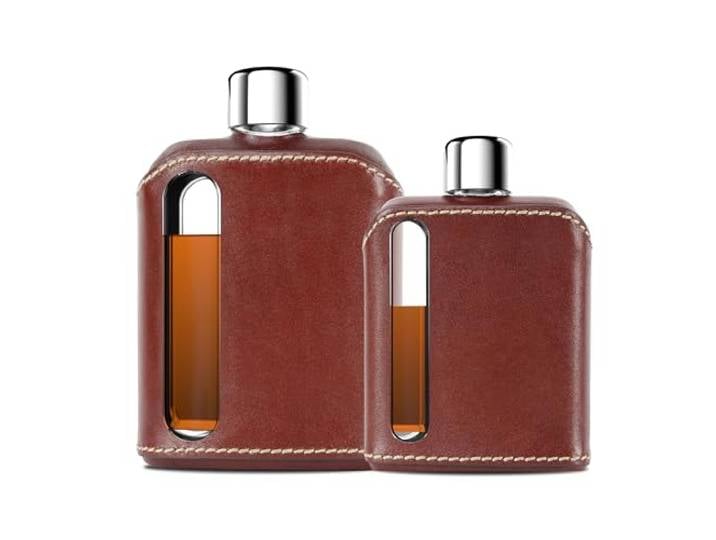 Ragproper Flachmann-Set aus Lederglas – langlebige Whiskey- und Likörflaschen für Männer und Frauen, Single Shot 100 ml + Double Shot 226.8 g (240 ml), Premium-Echtleder, idealer Glasflasche