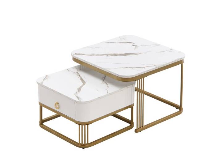 Table basse empilable : texture marbre brillante détails dorés table d'appoint avec tiroirs ensemble de deux pièces.