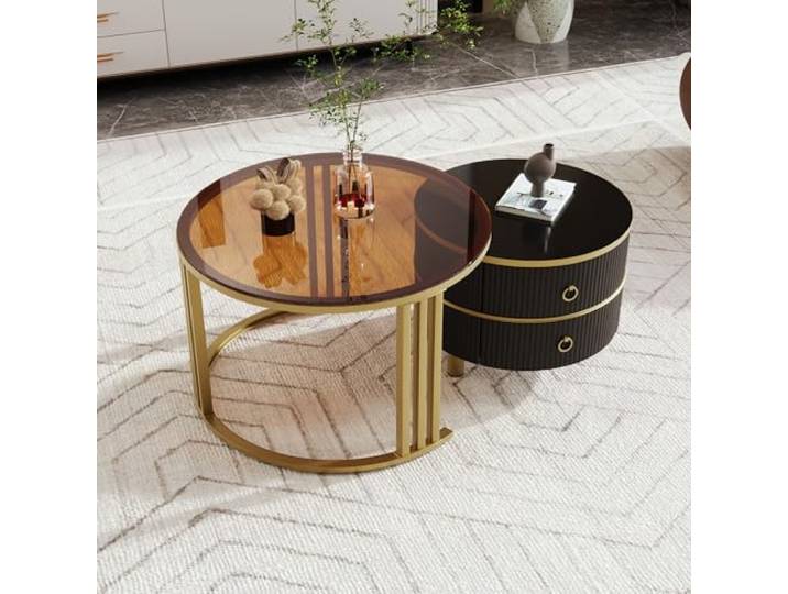 Merax 2-in-1 runder MDF-Couchtisch Couchtisch 2er Set Rund Beistelltisch mit 1 Hochglanz-Tischplatte und 1 brauner Tischplatte aus gehärtetem Glas Wohnzimmer-Couchtischkombination mit 2 Schubladen