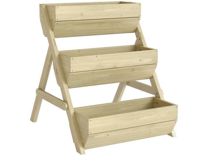 Outsunny Blumentreppe mit 3 Etagen aus Holz, Hellbraun, 22 L, 65x76x75 cm, Gartenzubehör, Hochbeete