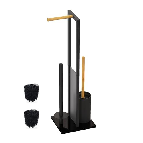 Relaxdays Toiletbutler met toiletborstelhouder en reserverolhouder, zwart, vrijstaand