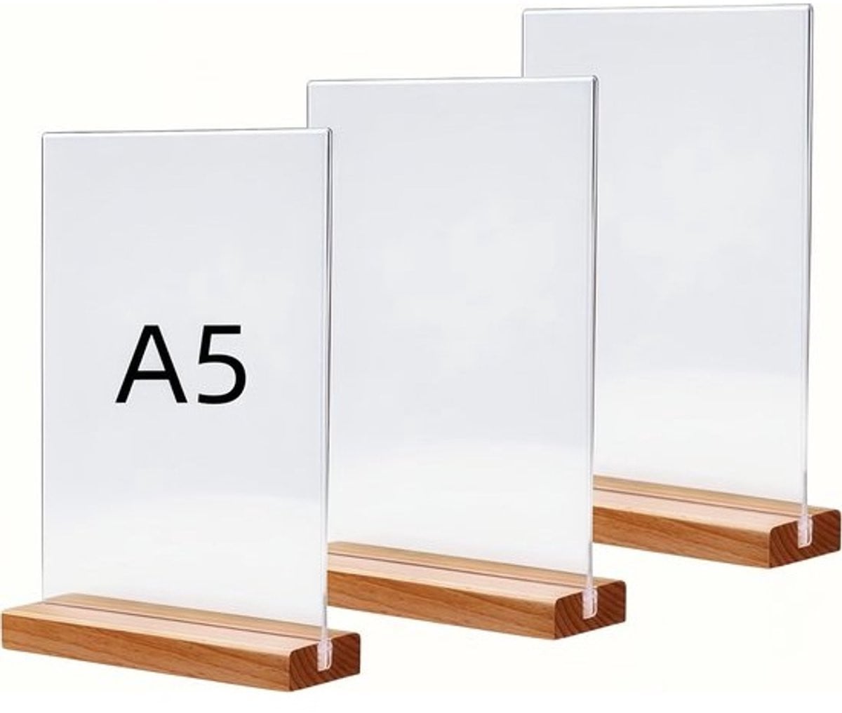 Set van 3 A5 acryl tafelstandaards met houten voet voor menukaarten of prijzen
