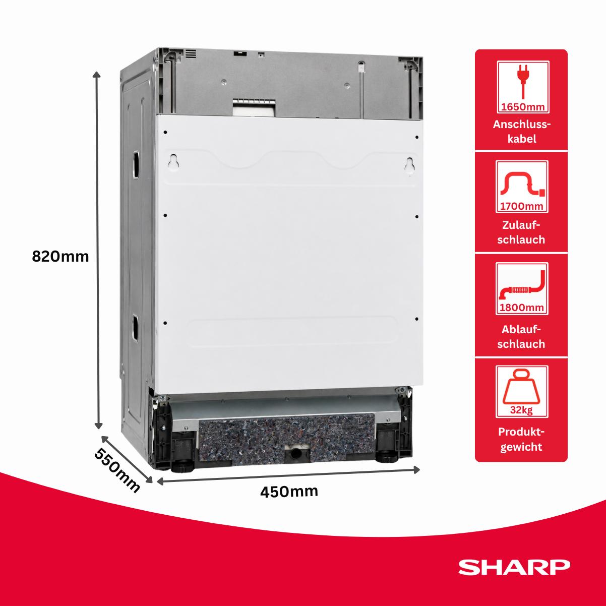 Sharp QW-NS1EI47EX-DE Einbau Geschirrspüler 45 cm integrierbar 10 Maßgedecke EEK E 47 dB AquaStop EcoWash Quick 30' Active Drying Edelstahl