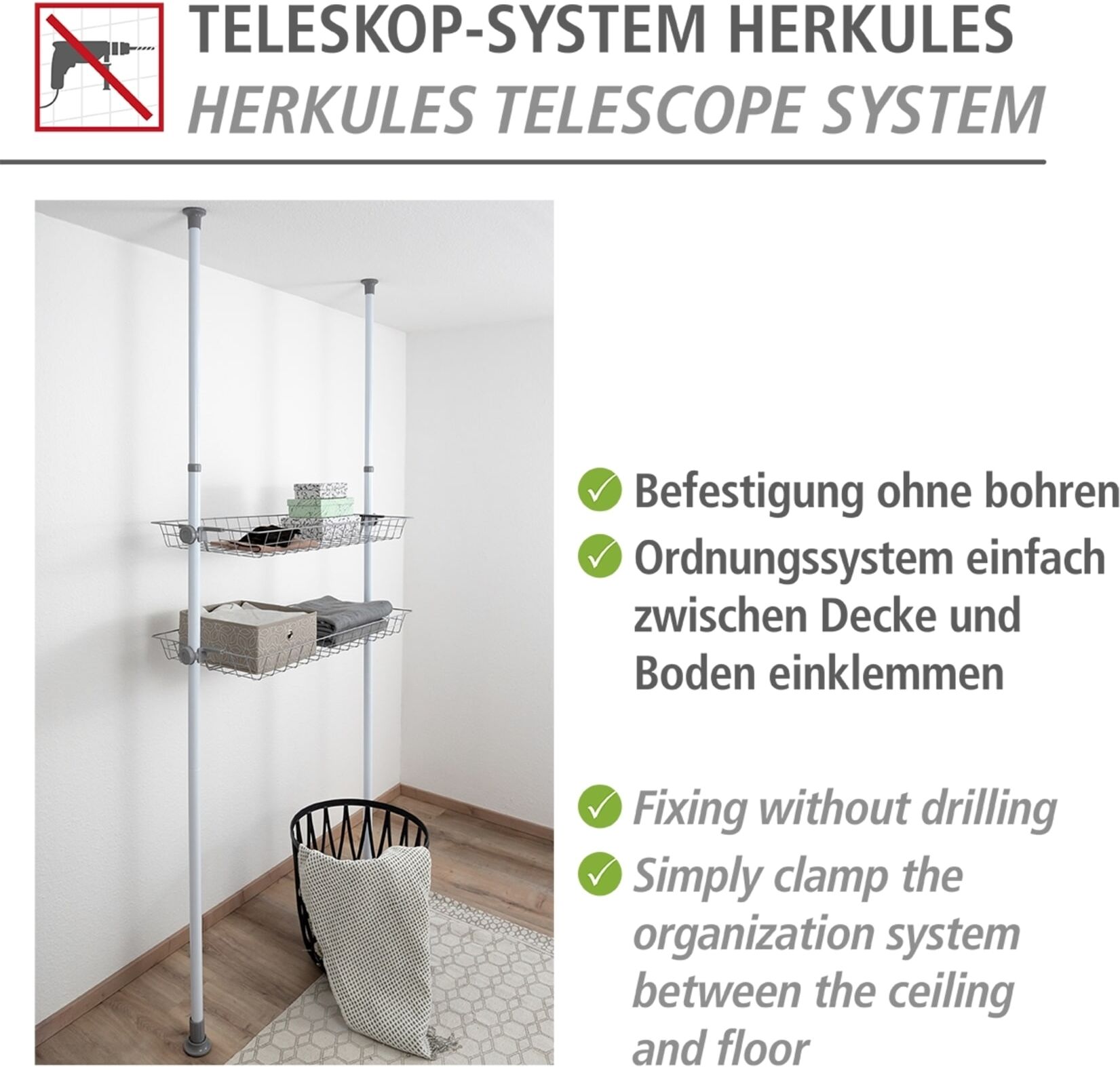 Organizer WENKO "Modell Herkules", grau (korb: grau, kunststoffteile: grau, anti, rutsch teile der kunststoffteile: grau), B:94cm H:8cm T:38cm, ABS-Kunststoff, Polypropylen, Stahl, Aufbewahrungsboxen, Organizer, Drahtkörbe aus Stahl, Erweiterung zum Teles