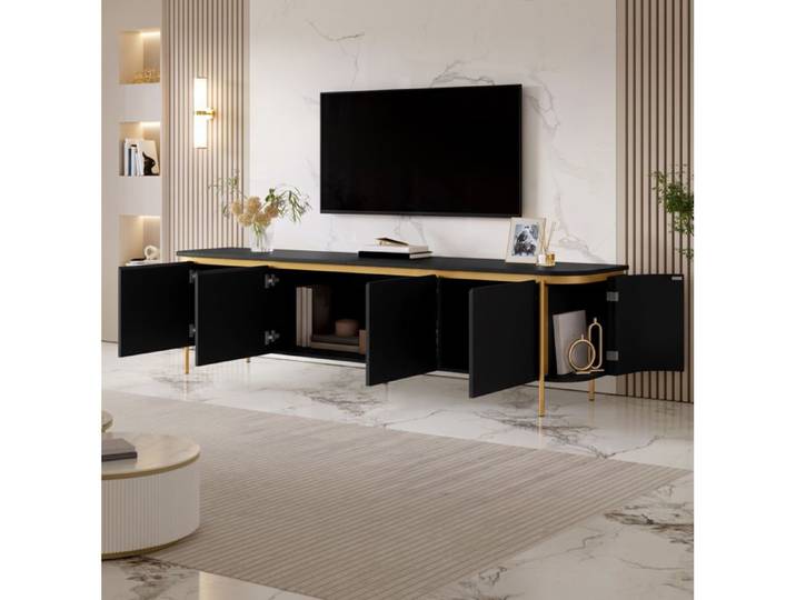 MEUBLIV Meuble TV bas 180 cm 6 portes sans poignée MDF noir et doré passe-câbles