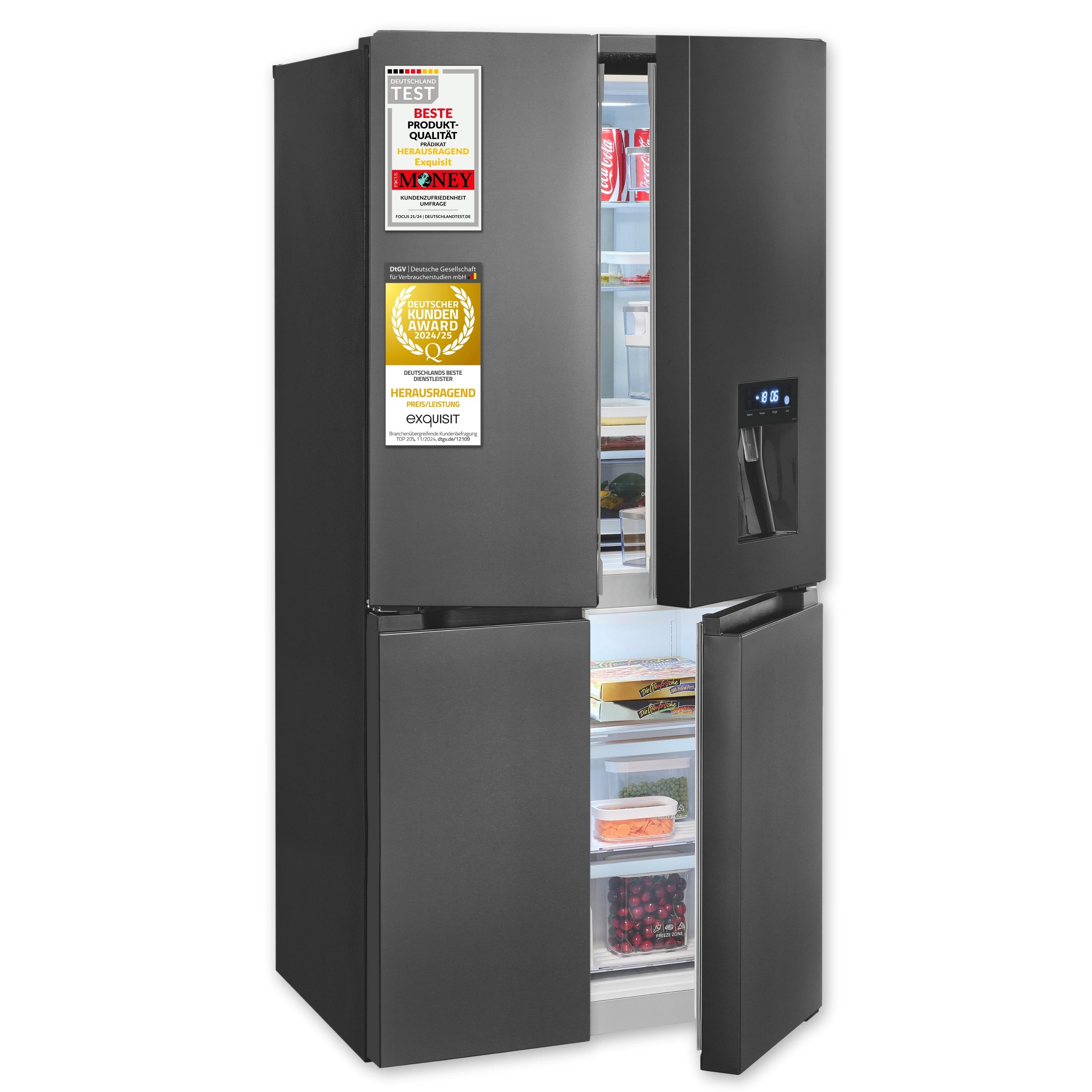 Exquisit Multidoor Kühlschrank, 432 Liter, Standgerät, No-Frost, Kühl- & Gefrierkombination, LED, leise, MD430-100-WS-202E inoxlook-az