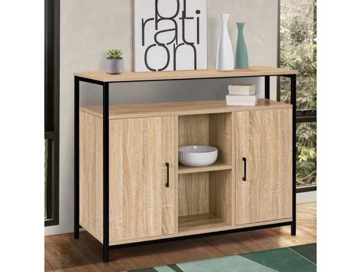 ID MARKET buffet DETROIT 2 portes 100 cm Industriel bois et métal noir