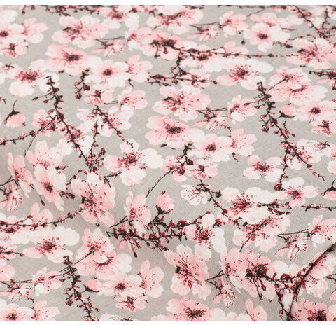 Baumwollstoff Kirschblüte "Mona", hellgrau/rosa