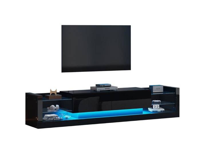 Meuble TV Noir avec LED Meuble TV 180cm Longueur avec Tiroirs et Compartiments Banc TV en Verre pour Salon pour Télé de 80 Pouces