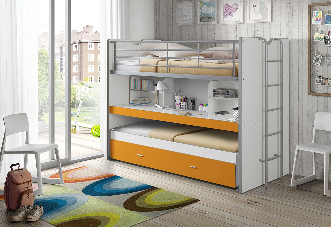Hochbett VIPACK "Bonny, mit 3 Schlafgelegenheiten, super praktisch im Kinderzimmer", orange (weiß, orange), B:102cm H:161cm L:222cm, Hochbetten, Hochbett, mit grosser Schreibplatte, Regalfächern, viel Funktion auf kleinem Raum weiß, orange Liegeflächen B/