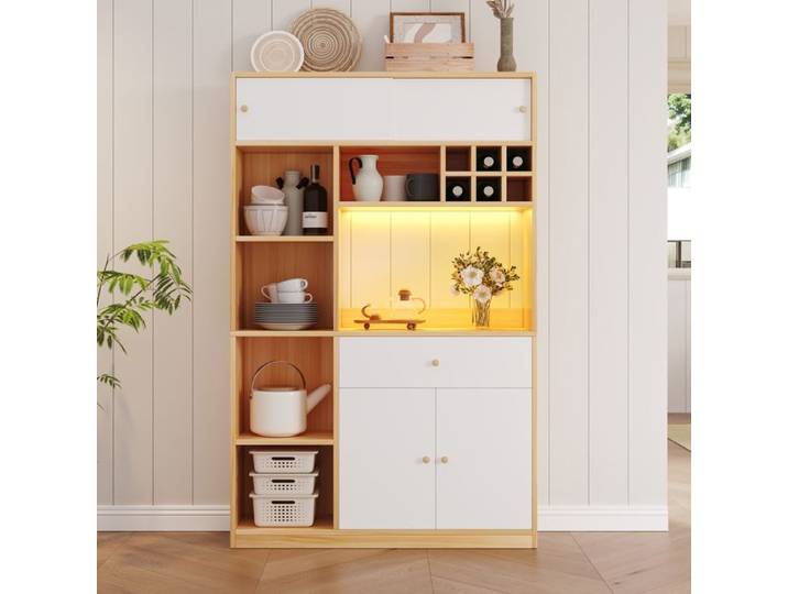Küchenschrank Küchenbuffet mit LED Buffetschrank Mehrzweckschrank mit einer Schublade drei Türen und Regalen zur Aufbewahrung