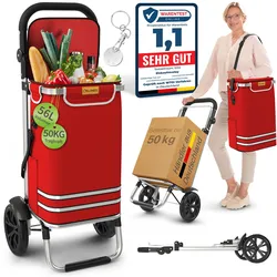 ELONEO Einkaufstrolley klappbar, Einkaufswagen mit Kühlfach, 3in1 Trolley, Shopping Trolley 56L & Umhängetasche - Rot