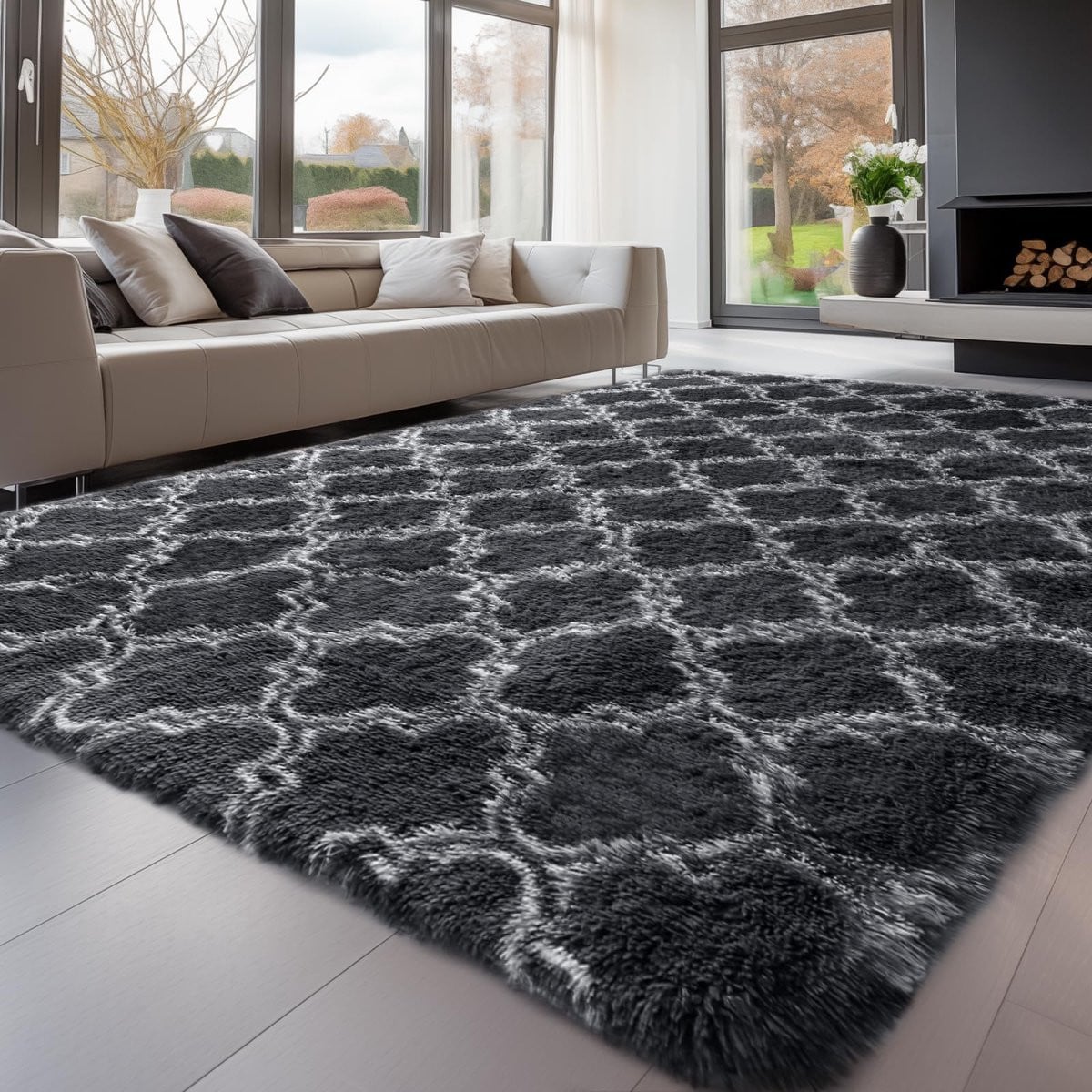 Lemon Hoogpolig Tapijt Donker Ruitgrijs 120 x 160 cm