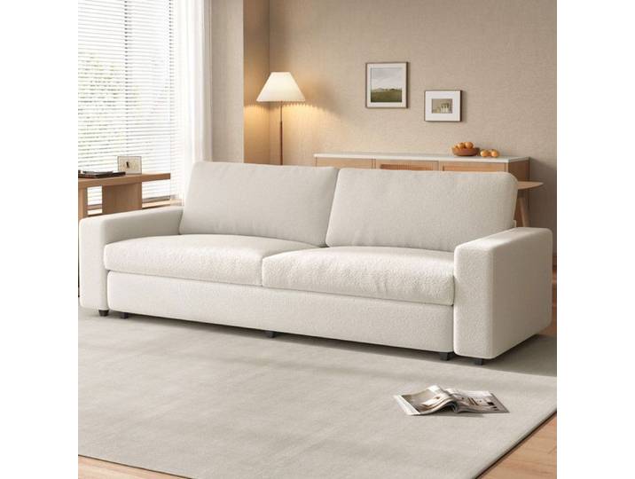 Canapé scandinave 3 places en tissu bouclette blanc crème – canapé moderne confortable salon design nordique
