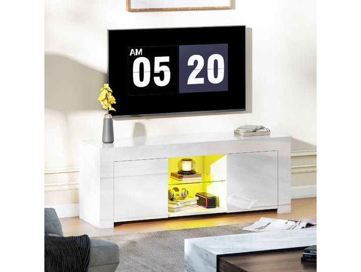 HOMCOM Meuble TV LED Blanc 2 Portes Étagère Verre Salon