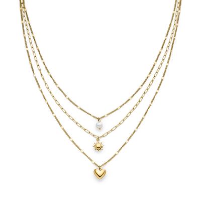 Kette mit Anhänger S.OLIVER "Summer Charms, Herz und Sonne", gold (gelbgoldfarben, weiß), Halsketten, Damen, Edelstahl Perlen, L: 54 B: 3mm, Edelstahl, Perlen, mit Perle (imitiert), B:3mm