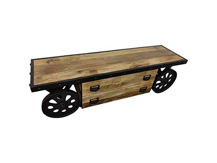 Indoortrend TV Lowboard Sideboard mit Rädern - Fernsehtisch im Industrial Design aus hochwertigem Mangoholz mit Metall Rahmen, Zwei Schubladen zum Verstauen von Technik - Maße (B/T/H) 167/47 / 45 cm
