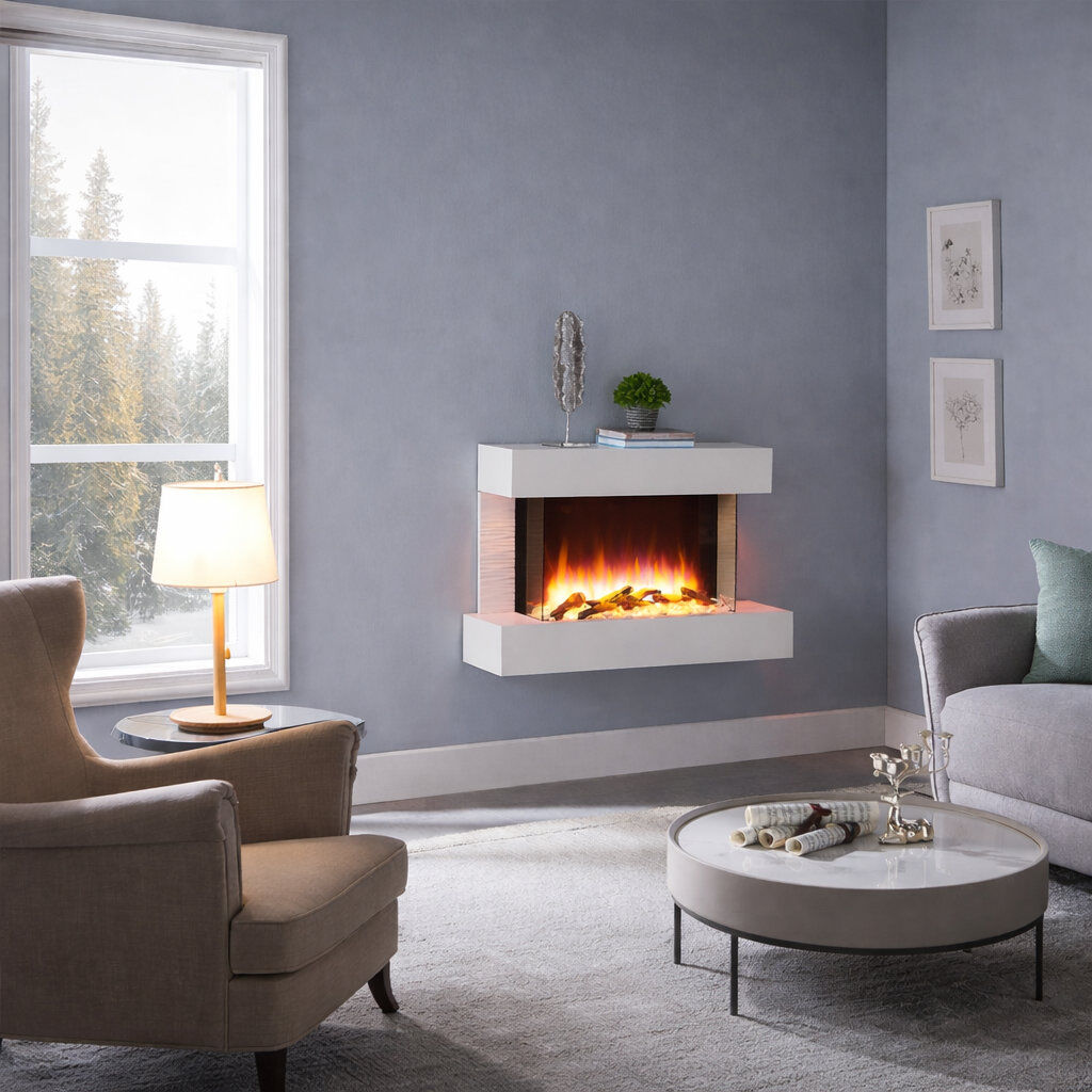 FLAMME Wall Mounted Electric Fire and Surround, Kingston White 60cm H x 99cm W x 25cm D