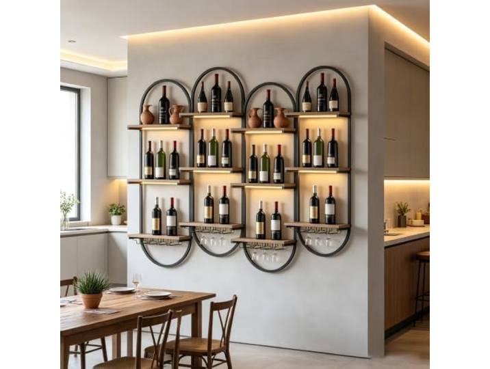 Kifezk 4 Stück Weinregal Wand, 3‑stöckiges ovales Weinregal mit Glashaltern Weinregal aus Eisen‑Holz, 3‑stöckig oval mit Glashaltern, für Küche, Bar & Wohnzimmer