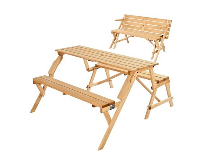 VEVOR Table de Pique-Nique Interchangeable 2 en 1 Transformable\, Ensemble Table et Banc d'extérieur en Bois\, Banc Pliable Portable avec Trou pour Parasol\, pour Jardin\, arrière-Cour\, Porche\, Marron