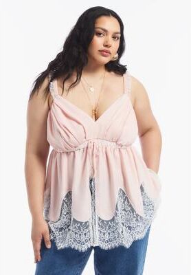 Plus Size Women's Lace-Trim Satin Camisole Top by June & Vie in Veiled Pink (Size 32 W)