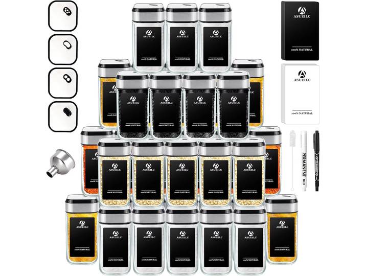 Pots à épices 35 pièces avec 360 ° Couvercles rotatifs, récipients en verre de 120 ml, 3 réglages réglables, organisateur de garde-manger pour herbes et épices