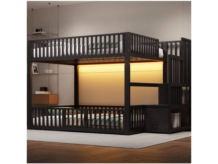Lit superposé bas 140 x 200 cm noir avec LED échelle de rangement métal et MDF