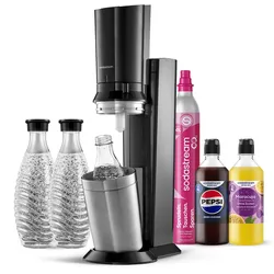 CRYSTAL 3.0 Wassersprudler titan, Bundle inkl. 3x Glasflasche, 1x Sodastream Maracuja ohne Zucker Sirup, 1x Pepsi Zero Zucker Sirup, 1x Quick-Connect Zylinder