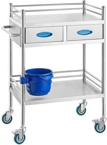 VEVOR Laboratorium Serveerwagen, 2-laags Roestvrijstalen Medische Trolley met 2 Lades en Emmer, Zilver