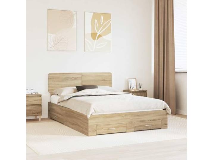 Bettgestell mit Stauraum Modernes Design Holzwerkstoff Braun 140 x 190 cm Bettrahmen mit Kopfteil Sonoma-Eiche 140x190 cm Holzwerkstoff Bettgestell mit Schubladen Stauraum Modernes Design Lattenrost