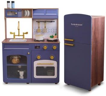Teamson Kids Wooden Pretend Play Kitchen with Sink, Oven, Modular Fridge, and 14 Pcs Accessories for Age 3-5 Toddlers