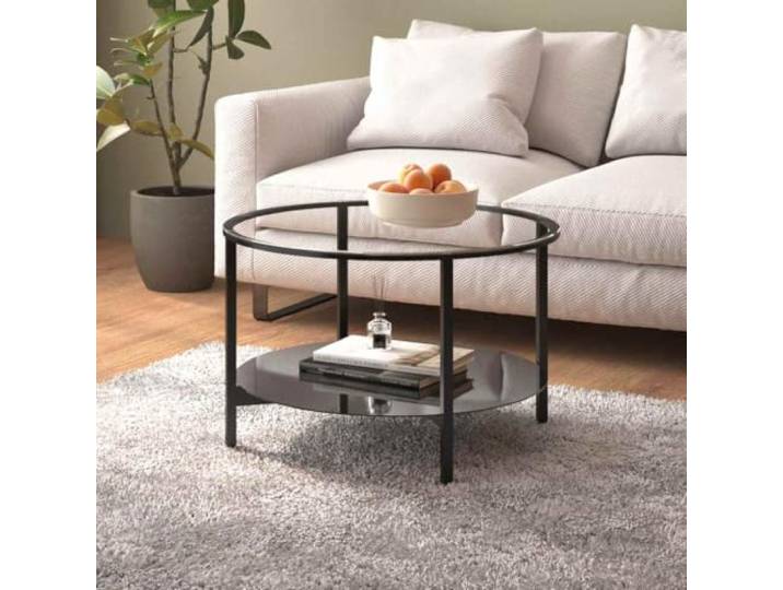 KLGBNCVE Beistelltisch Schwarz Transparent 70 cm Hartglas mit Ablage Hartglas, pulverbeschichtetes Eisen, untere Ablage, rund, modern, minimalistisch, vielseitig