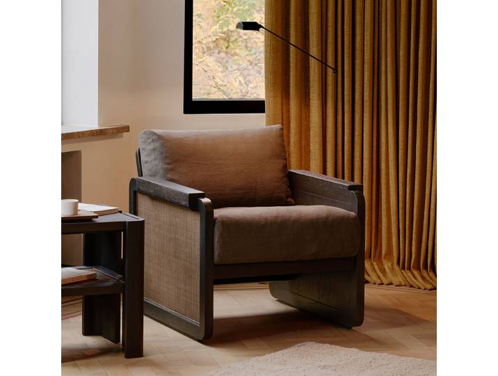 Ethnicraft Fauteuil Panel Gevernist Teakhout, rotan en stof - Grey Linen