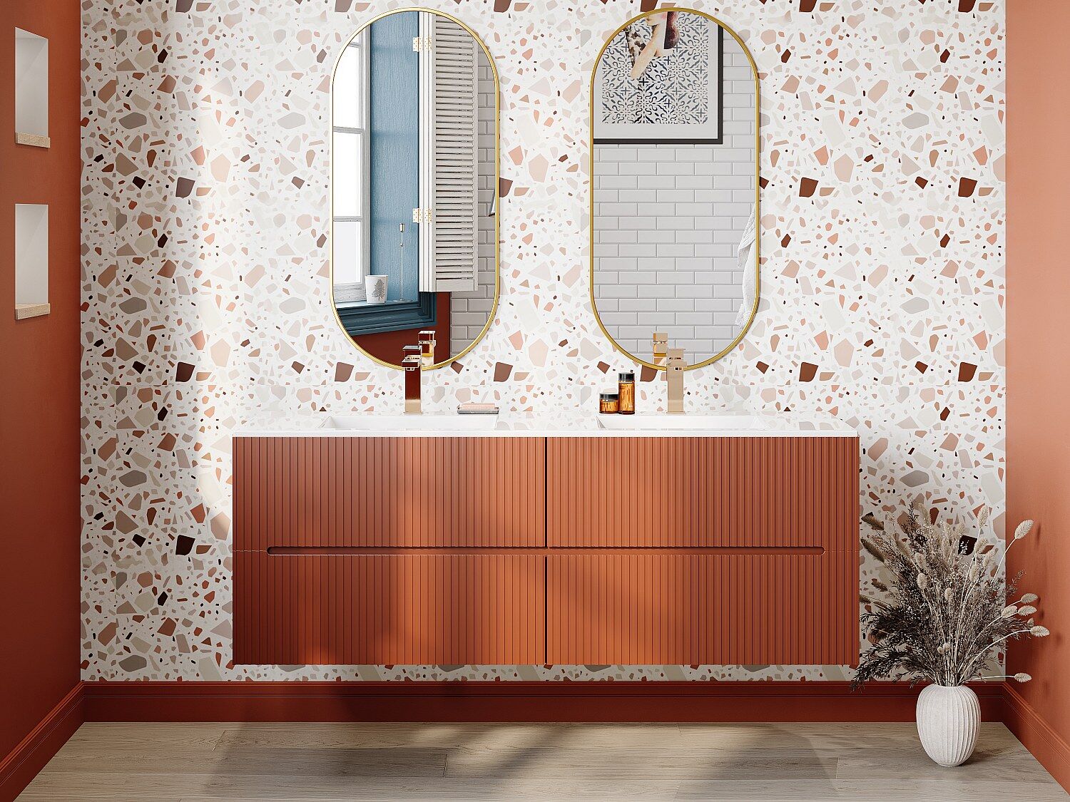 Unique Mueble de lavabo suspendido estriado terracota - 150 cm - PAVANI