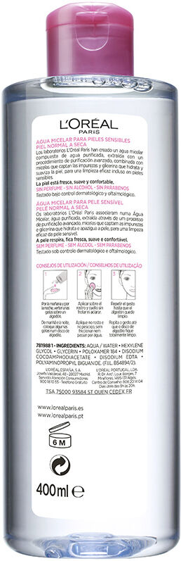 L'Oréal París Água Micelar Suave para peles sensíveis 400 ml