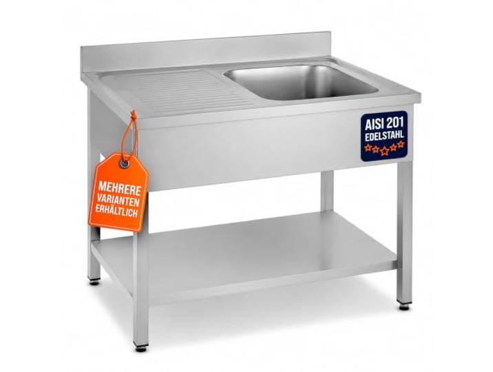 GastroHero Spültisch, Becken rechts, 100x70 cm, Edelstahl SPT-BASIC10X7R Abtropffläche links, mit Grundboden, 100 mm Aufkantung, 1 Becken, nach Hygiene- und Sicherheitsrichtlinien produziert
