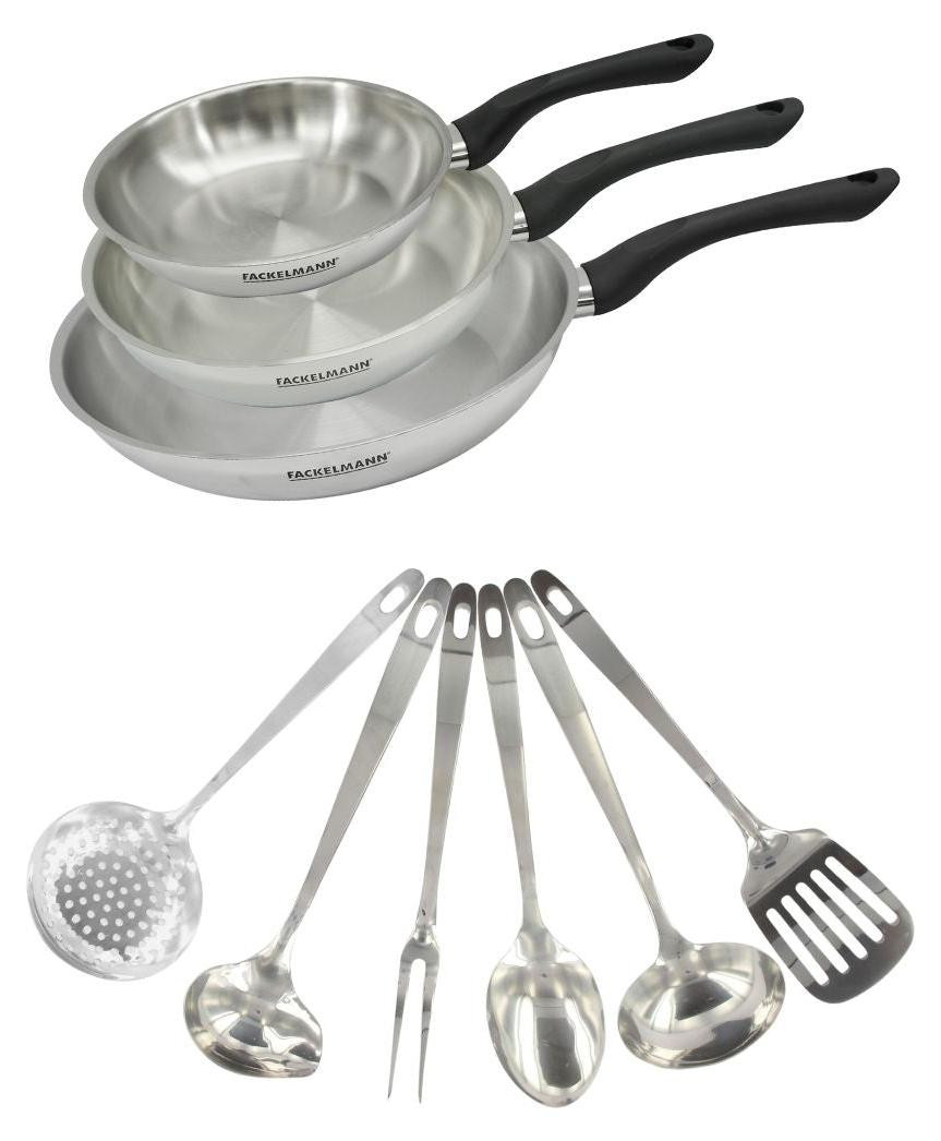 Fackelmann Geneva Set van 3 RVS koekenpannen (20, 24 en 28 cm) met 6 RVS keukengerei artikelen