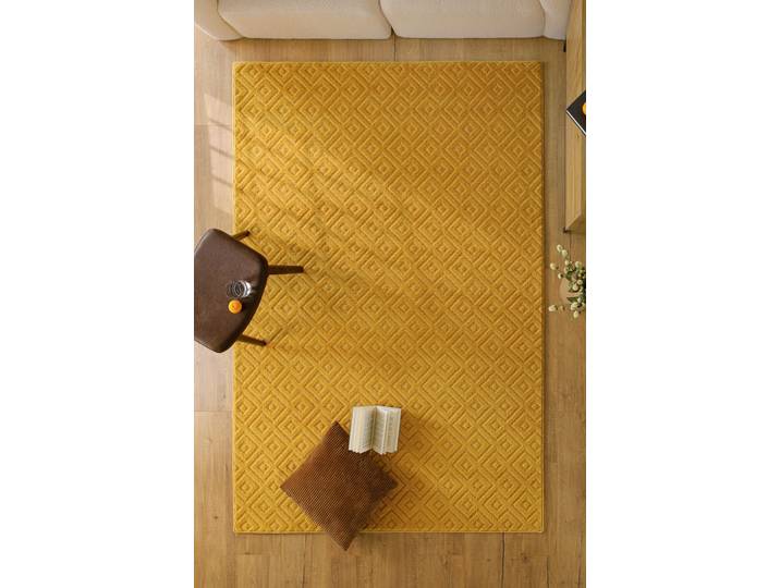 Teppich WECON HOME Castello TWO , gelb, B:200cm H:7mm L:300cm, Schurwolle, Teppiche, Teppich, Schurwolle, Kurzflor mit Hoch-Tief-Effekt, Wohnzimmer, Rautenmuster