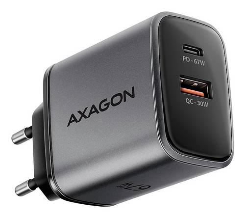 AXAGON USB Ladegerät 67W USB-C Buchse (Power Delivery), USB-A Buchse Quick Charge 3.0 Schwarz, Grau GaN