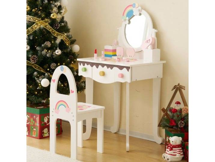 Coiffeuse enfant - LALAHO - Coiffeuse avec Tabouret et 7 jouets de maquillage factices Blanc