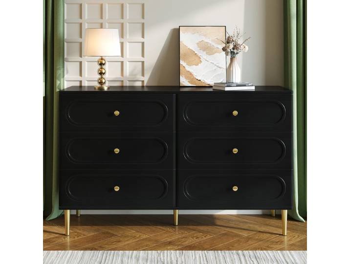 Buffet Noir Moderne Commode 6 Tiroirs Meuble de Rangement Salon Chambre Pieds Métal 120cm