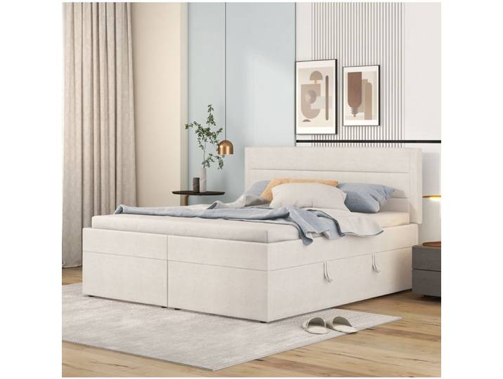 lit double capitonne SENVIRO avec coffre de rangement beige 140 x 200