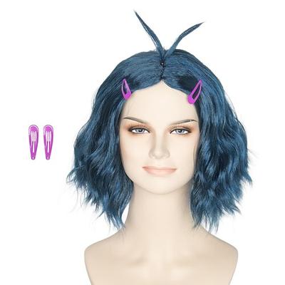 Inside Out 2 Eifersucht Perücke kurz wellig tiefblau mit Haarnadeln mittiger Scheitel für Frauen Mädchen Emotionen Anime Cosplay Perücke (nur Perücken) Halloween-Perücken