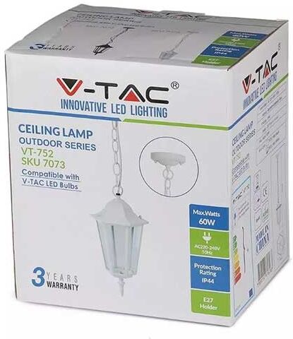 V-Tac Vt-752 Portalampada Lanterna Pendente Con Attacco A Soffitto In Alluminio Bianco Per Lampadina 1*e27 Ip44 - Sku 7073