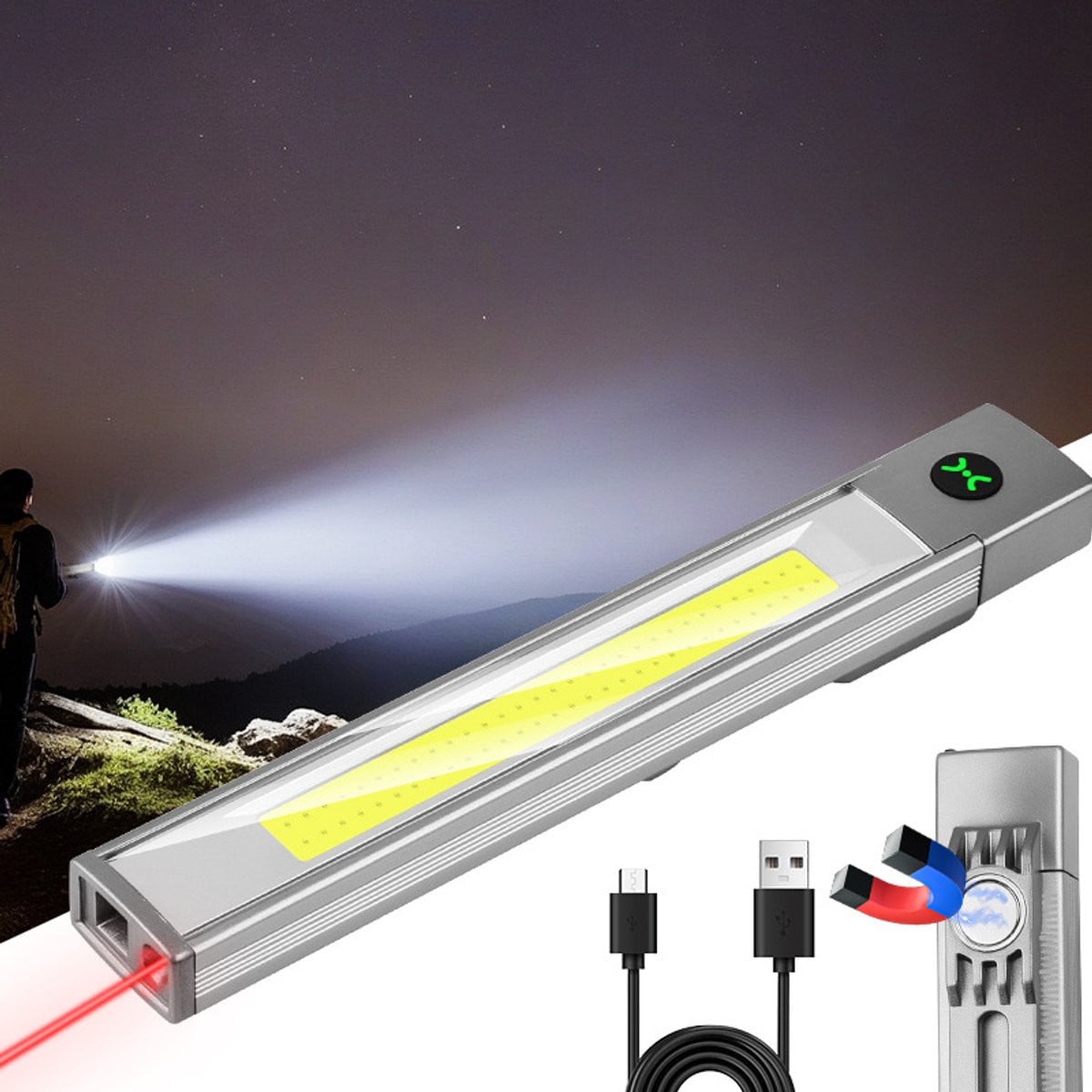 Multifunctionele LED laserpenlamp met magnetische houder en USB-C oplaadfunctie in zilver