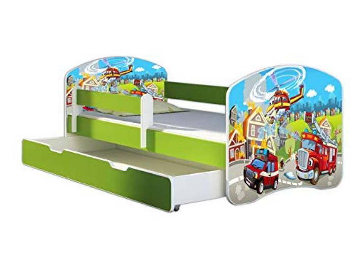 ACMA Kinderbett 160x80 Jugendbett mit Einer Schublade und Matratze, Farbe Grün, Rausfallschutz Lattenrost II Spielbett Kinderzimmer Möbel, 36 Feuerwehr