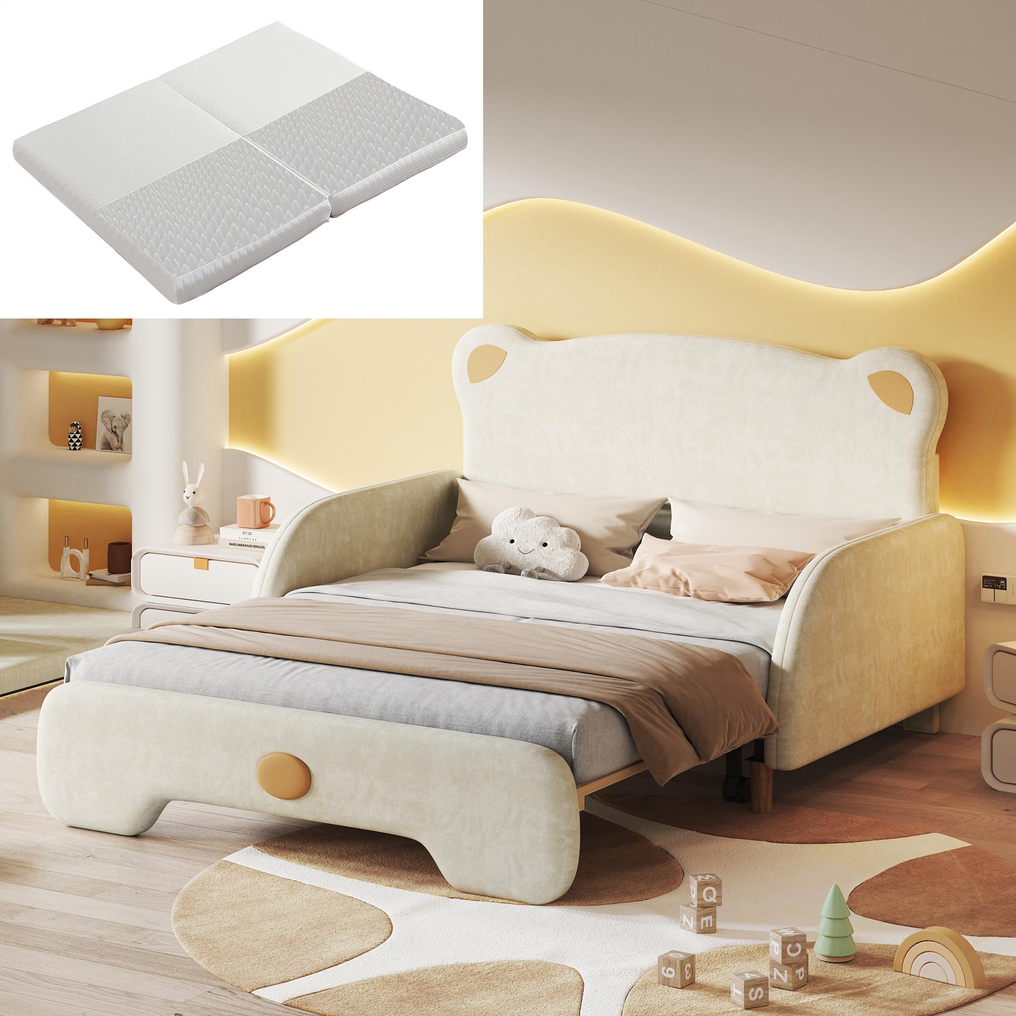 (Mit Matratze) Doppelbett in Bärenform, Polsterbett, Kinderbett, Tagesbett, Ausziehbett, mit weichen Schutzkanten, mit Holzlatten, Samt