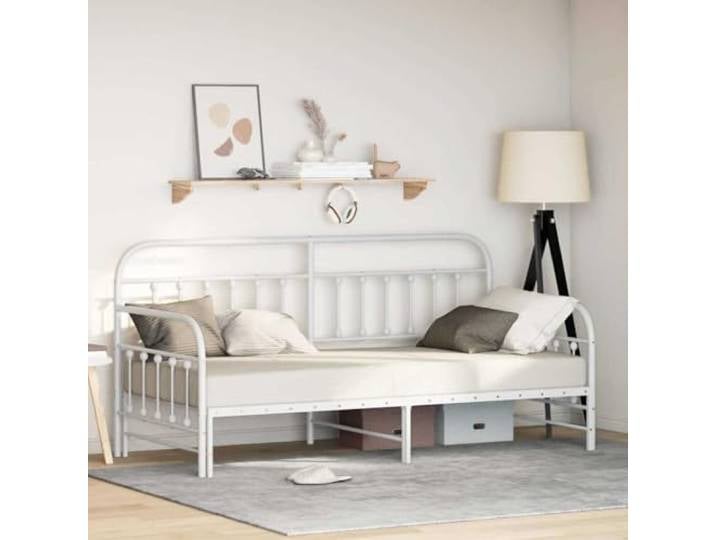 Pulverbeschichteter Stahlrahmen Modernes Minimalistisches Design Flexibel Tagesbettrahmen Weiß 90x200 cm Metallbett mit Lattenrost, Stahlbett als Schlafsofa und Gästebett für Schlafzimmer, stabil und