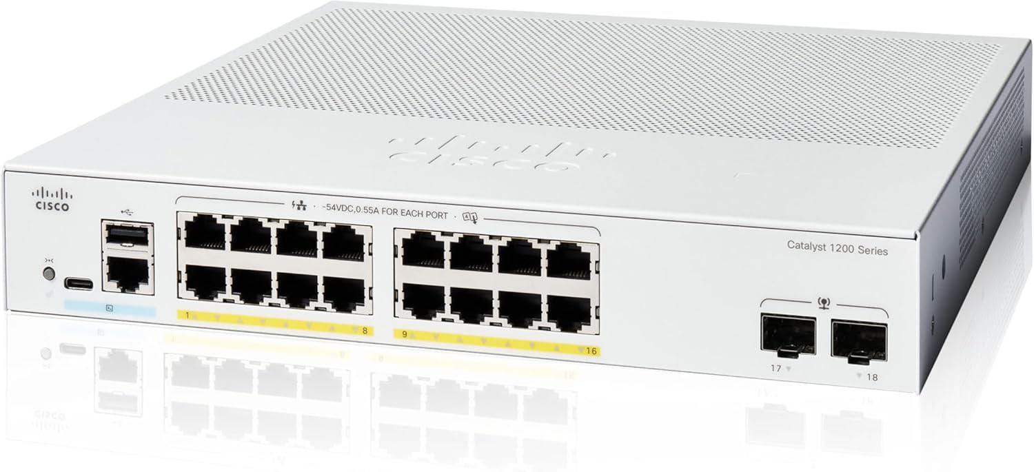 Cisco Catalyst 1200-16P-2G Rackmount Gigabit Managed Switch, 16x RJ-45, 2x SFP, 120W PoE+ C1200-16P-2G